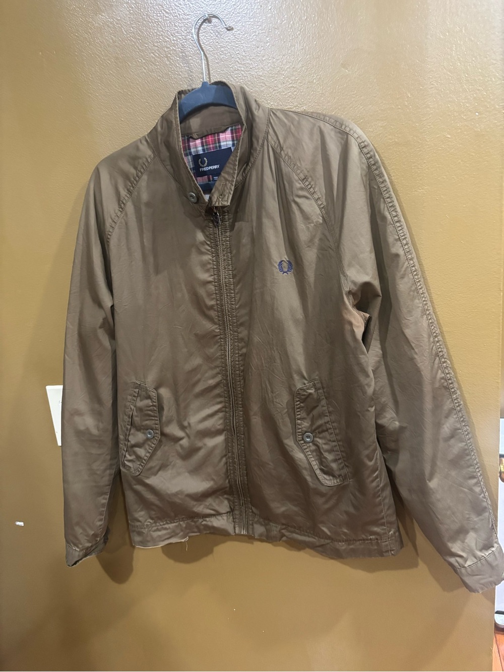 Fred Perry Harrington Jacket Khaki Brown Plaid Lining Mens Size M